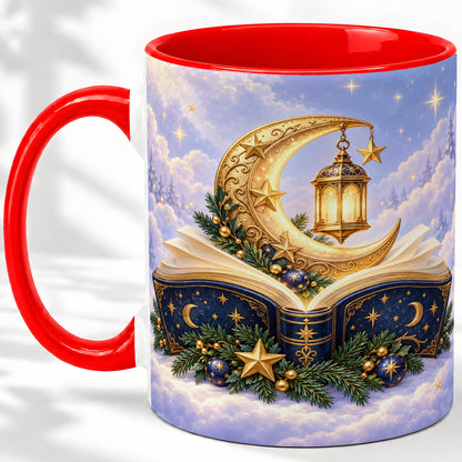 Celestial Christmas Book Accent Ceramic Mug, Moon Lantern Art