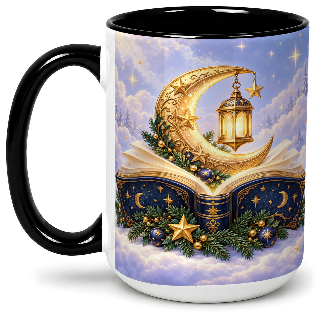 #pl[15oz|Black] Celestial Christmas Book Accent Ceramic Mug, Moon Lantern Art