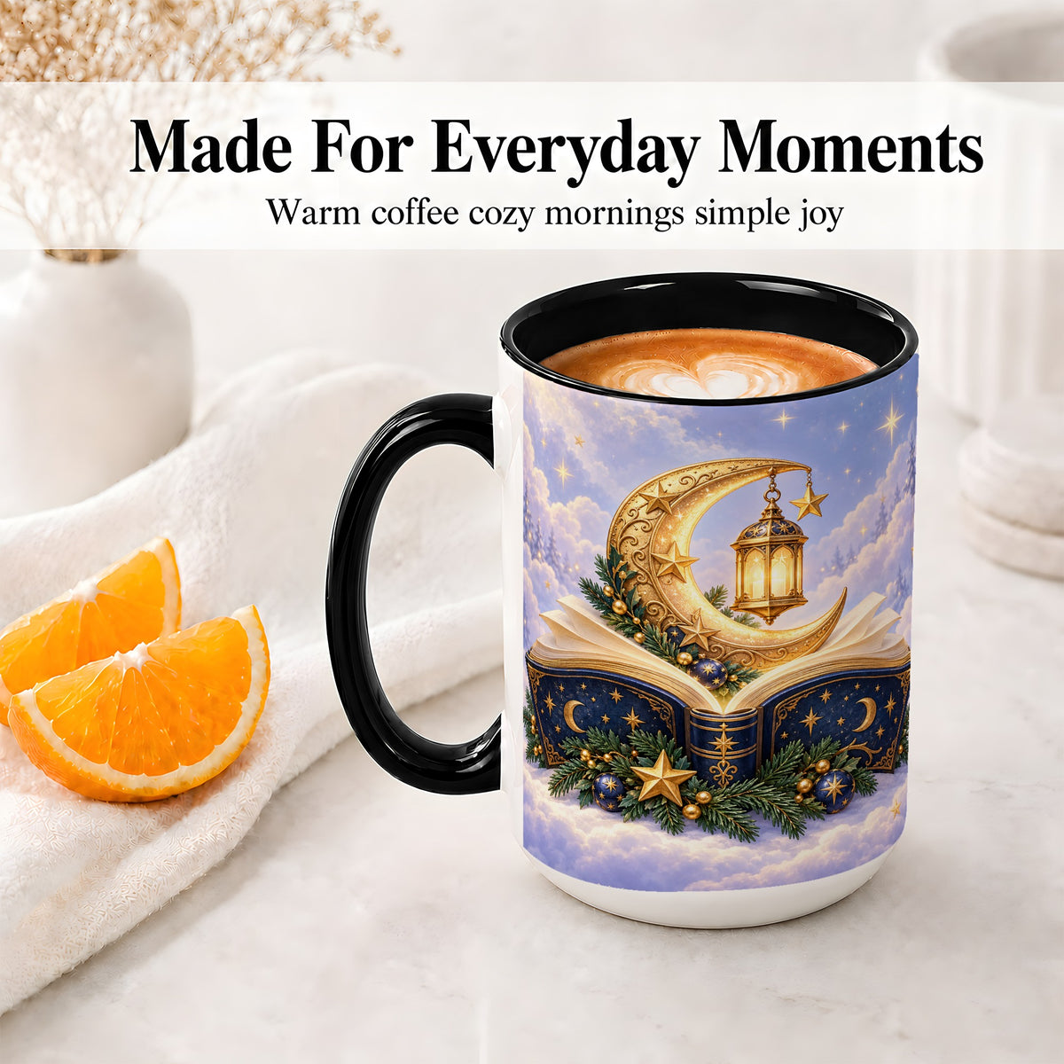 #pl[15oz|Black] Celestial Christmas Book Accent Ceramic Mug, Moon Lantern Art