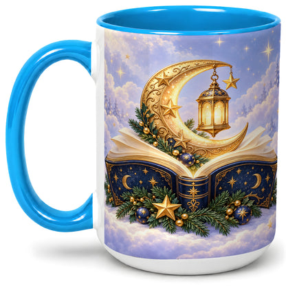#pl[15oz|Blue] Celestial Christmas Book Accent Ceramic Mug, Moon Lantern Art