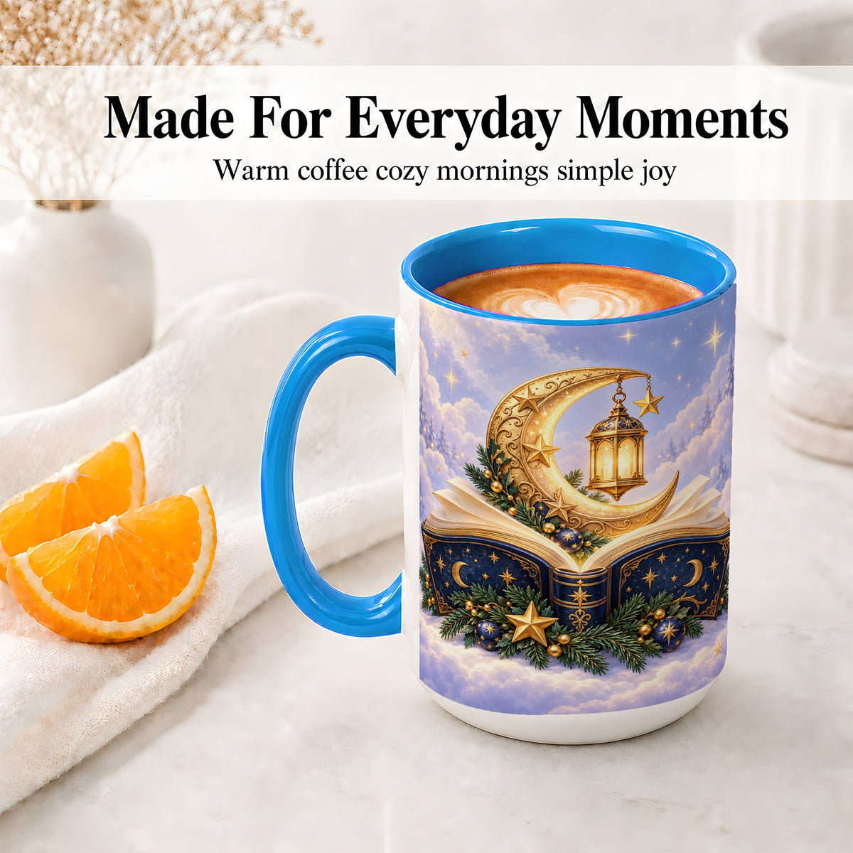 #pl[15oz|Blue] Celestial Christmas Book Accent Ceramic Mug, Moon Lantern Art