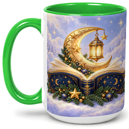 #pl[15oz|Green] Celestial Christmas Book Accent Ceramic Mug, Moon Lantern Art