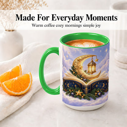 #pl[15oz|Green] Celestial Christmas Book Accent Ceramic Mug, Moon Lantern Art
