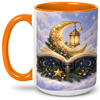 #pl[15oz|Orange] Celestial Christmas Book Accent Ceramic Mug, Moon Lantern Art