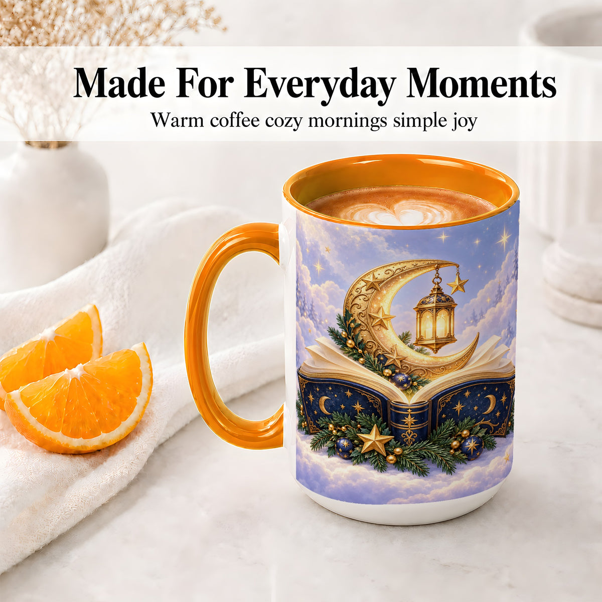 #pl[15oz|Orange] Celestial Christmas Book Accent Ceramic Mug, Moon Lantern Art