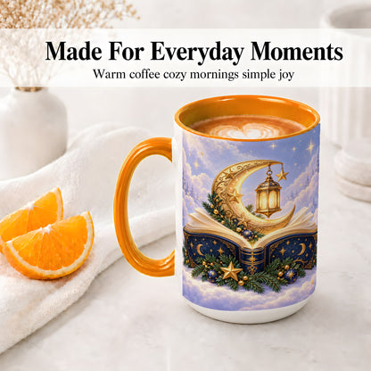 #pl[15oz|Orange] Celestial Christmas Book Accent Ceramic Mug, Moon Lantern Art