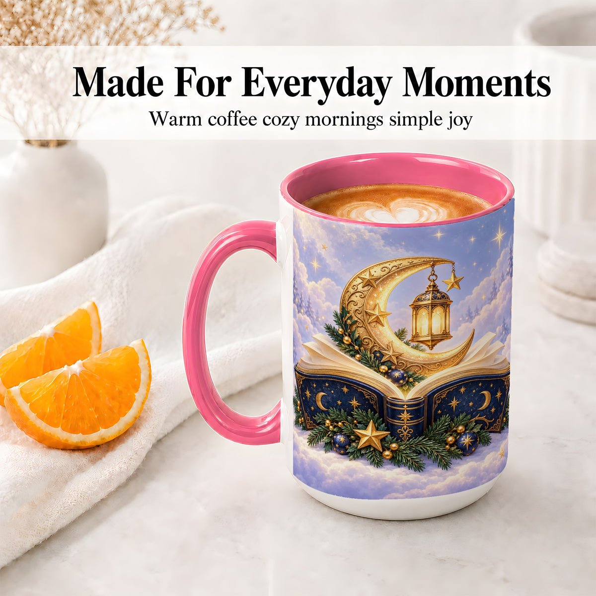 #pl[15oz|Pink] Celestial Christmas Book Accent Ceramic Mug, Moon Lantern Art
