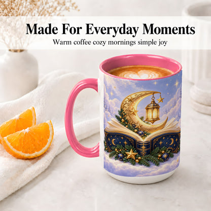 #pl[15oz|Pink] Celestial Christmas Book Accent Ceramic Mug, Moon Lantern Art