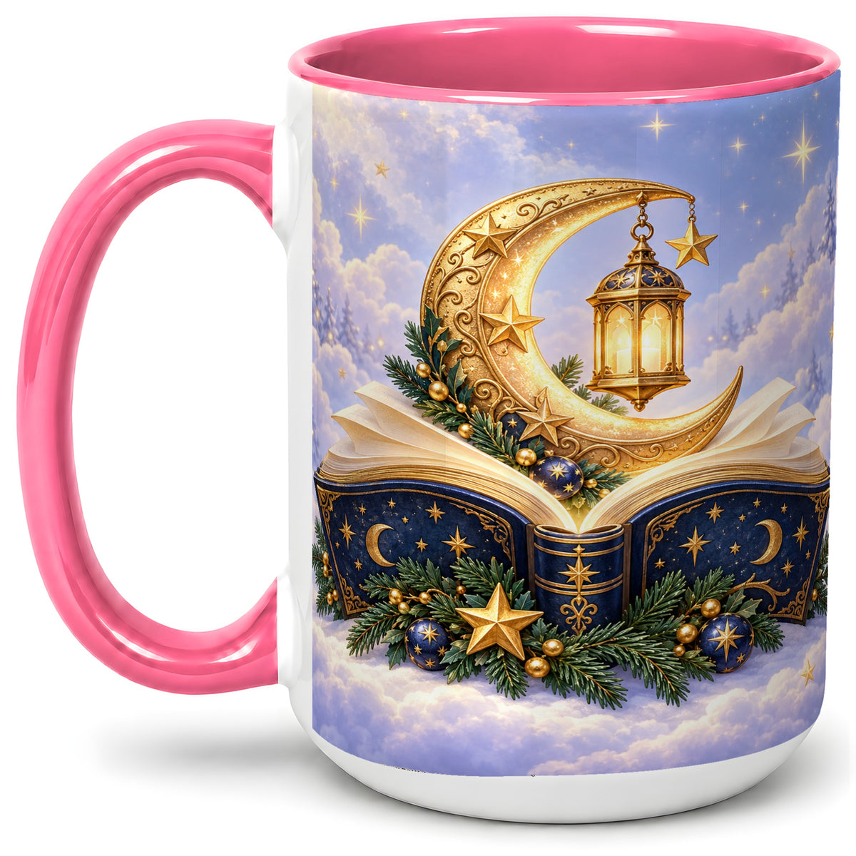 #pl[15oz|Pink] Celestial Christmas Book Accent Ceramic Mug, Moon Lantern Art