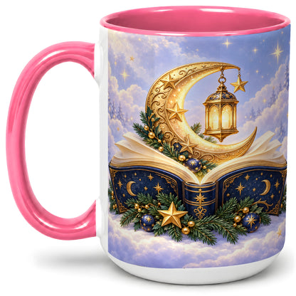 #pl[15oz|Pink] Celestial Christmas Book Accent Ceramic Mug, Moon Lantern Art