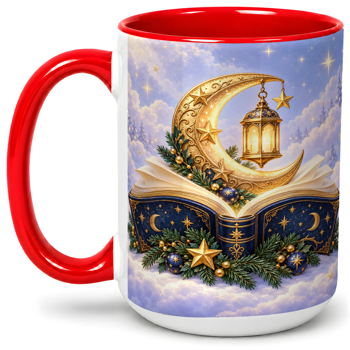 #pl[15oz|Red] Celestial Christmas Book Accent Ceramic Mug, Moon Lantern Art