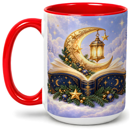 #pl[15oz|Red] Celestial Christmas Book Accent Ceramic Mug, Moon Lantern Art