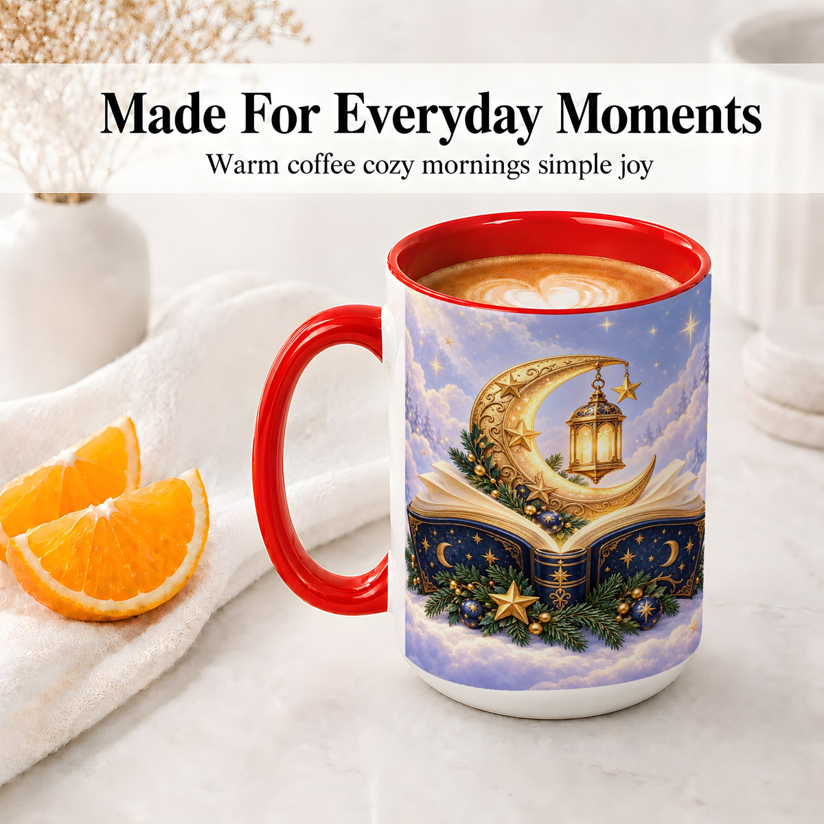 #pl[15oz|Red] Celestial Christmas Book Accent Ceramic Mug, Moon Lantern Art