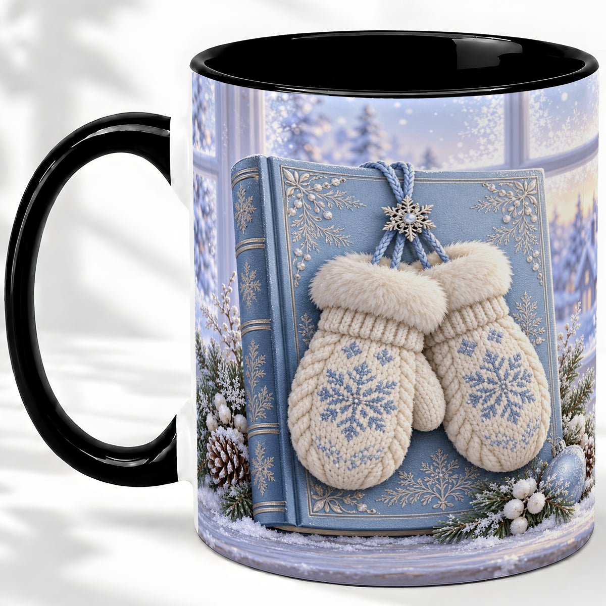 #pl[11oz|Black] Winter Snowflake Mittens Accent Ceramic Mug, Blue Book Scene