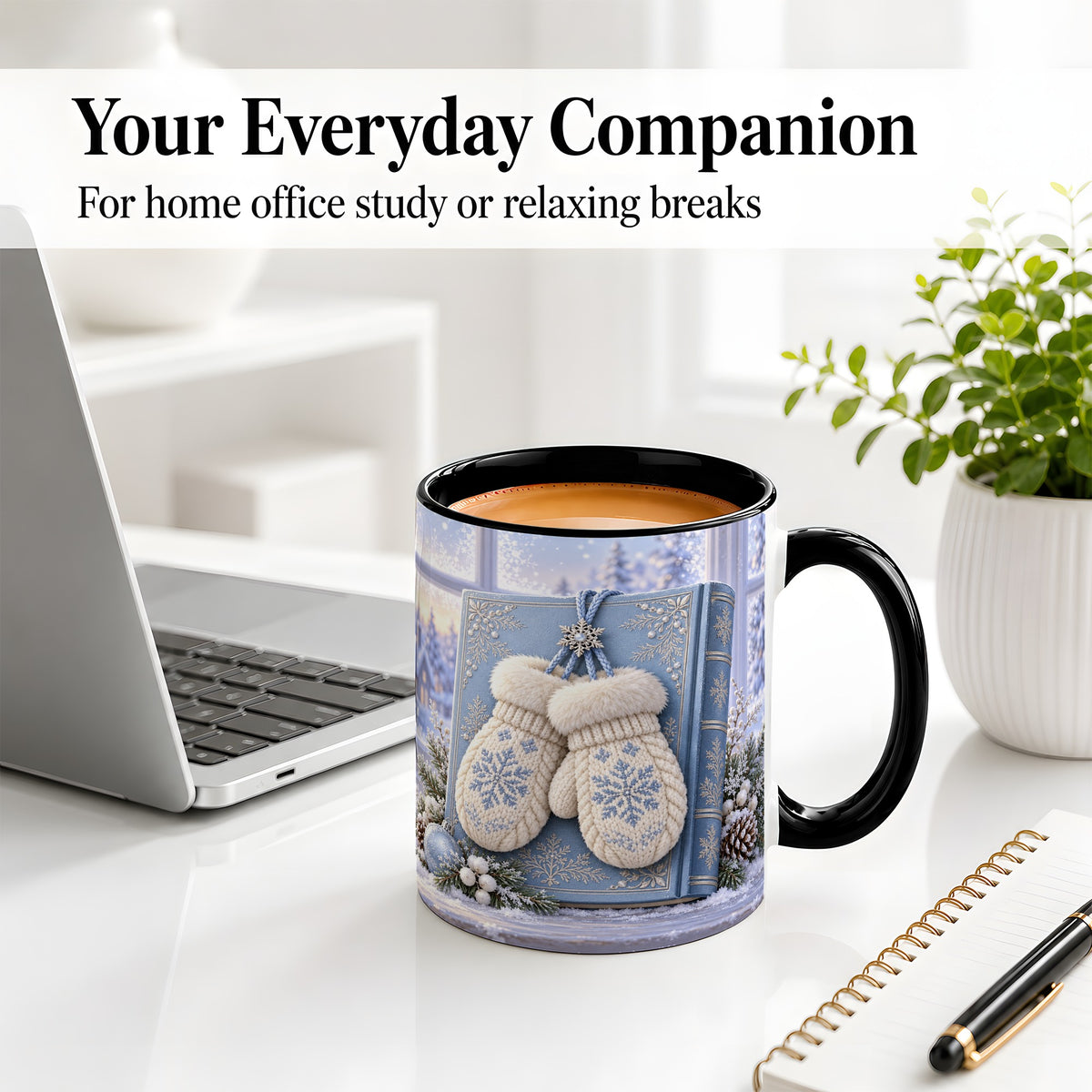 #pl[11oz|Black] Winter Snowflake Mittens Accent Ceramic Mug, Blue Book Scene
