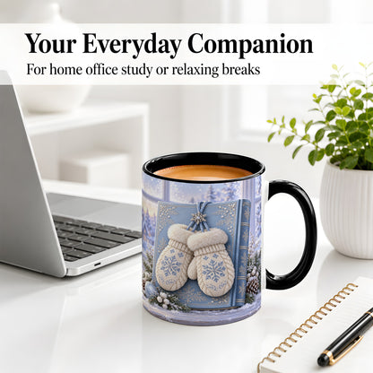 #pl[11oz|Black] Winter Snowflake Mittens Accent Ceramic Mug, Blue Book Scene
