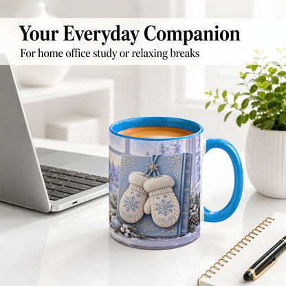#pl[11oz|Blue] Winter Snowflake Mittens Accent Ceramic Mug, Blue Book Scene