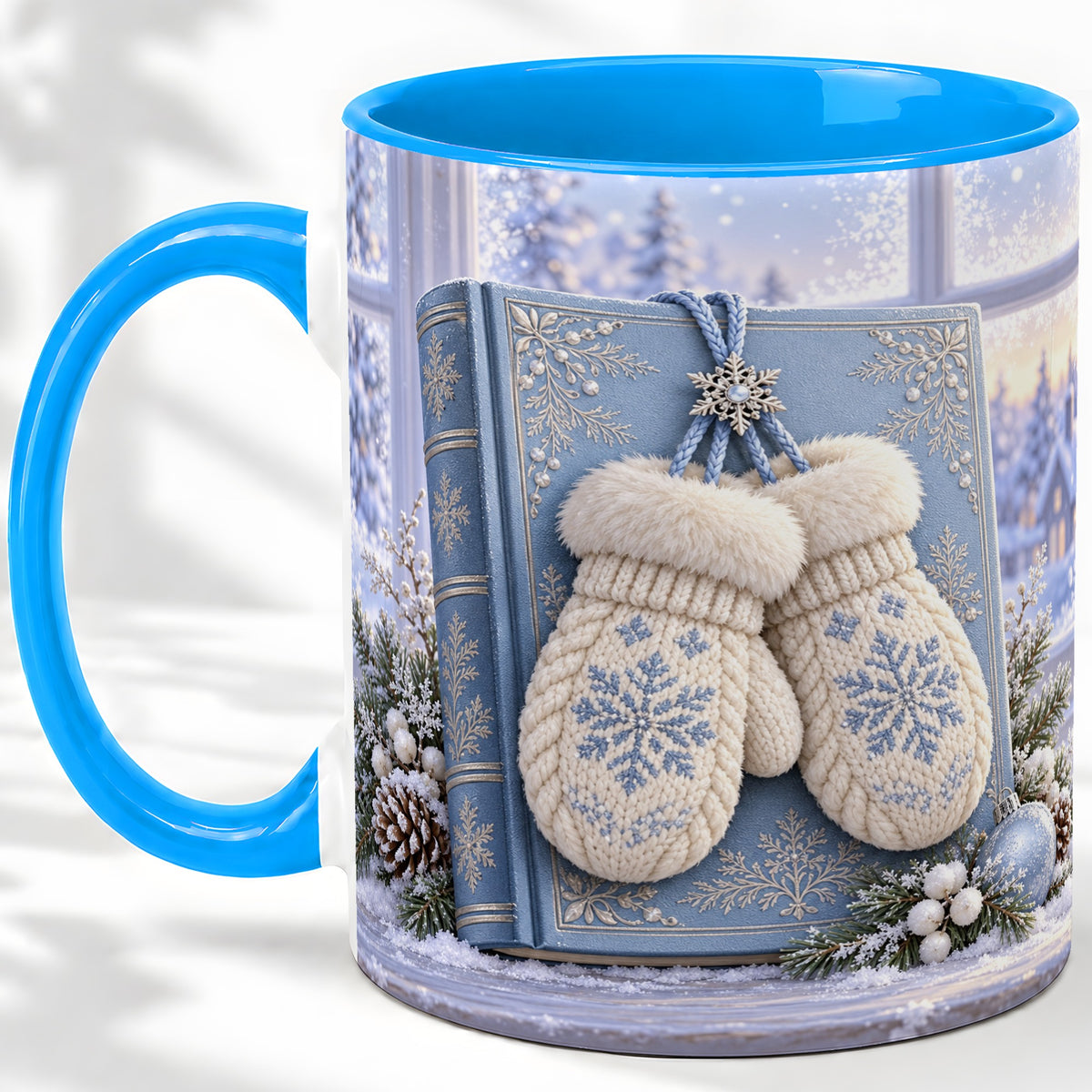#pl[11oz|Blue] Winter Snowflake Mittens Accent Ceramic Mug, Blue Book Scene