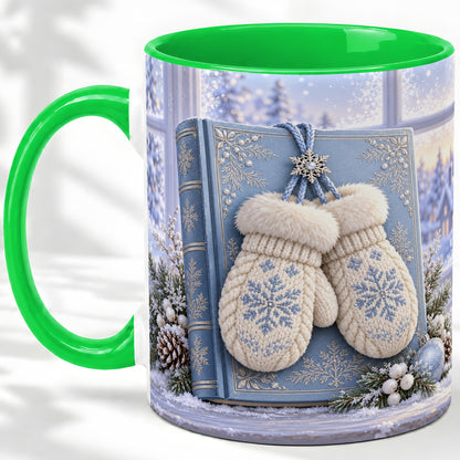 #pl[11oz|Green] Winter Snowflake Mittens Accent Ceramic Mug, Blue Book Scene