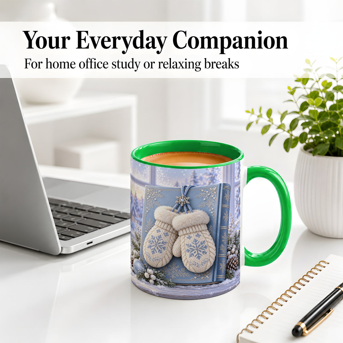 #pl[11oz|Green] Winter Snowflake Mittens Accent Ceramic Mug, Blue Book Scene