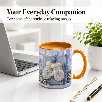 #pl[11oz|Orange] Winter Snowflake Mittens Accent Ceramic Mug, Blue Book Scene