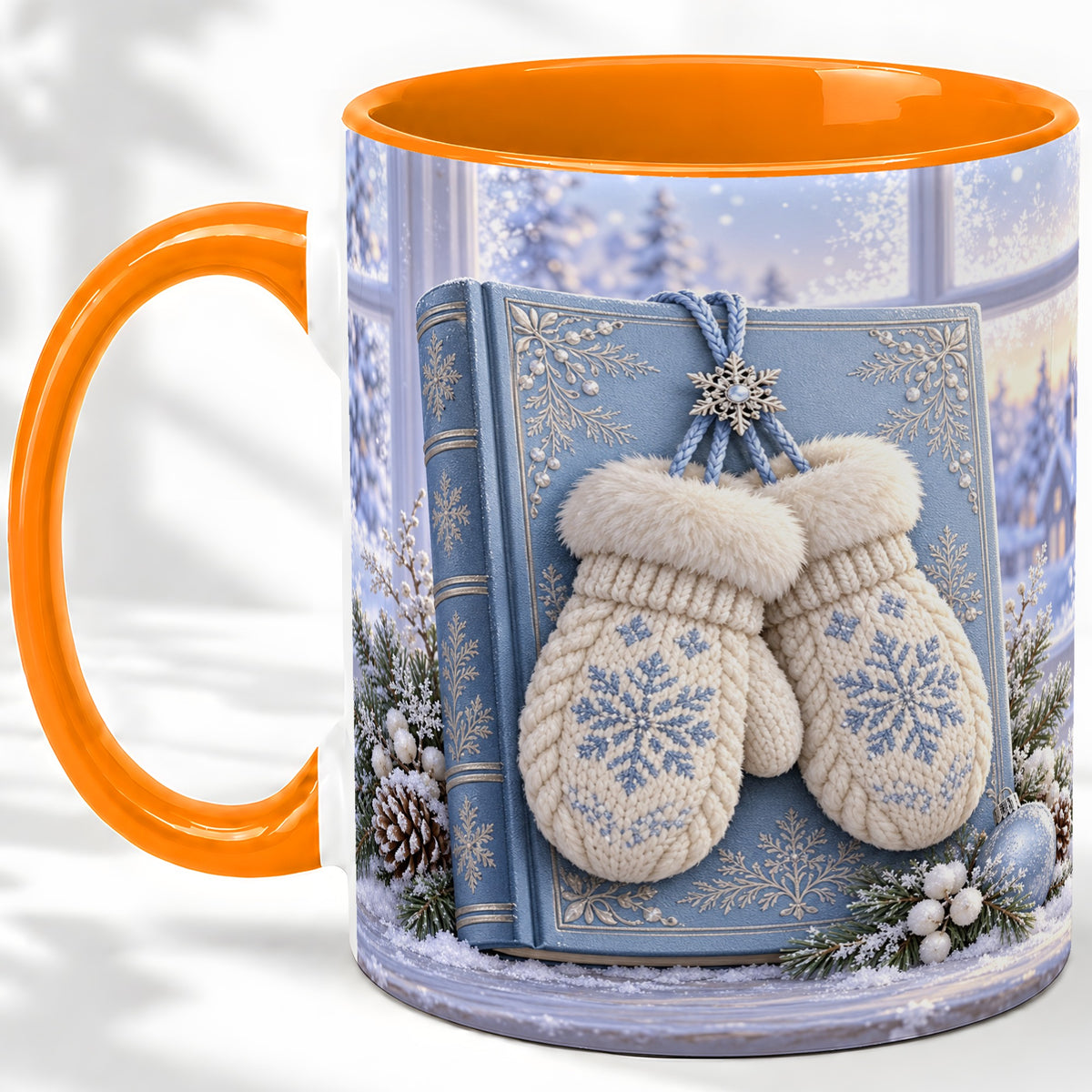 #pl[11oz|Orange] Winter Snowflake Mittens Accent Ceramic Mug, Blue Book Scene