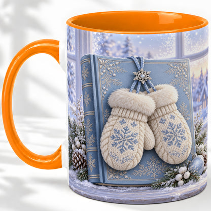 #pl[11oz|Orange] Winter Snowflake Mittens Accent Ceramic Mug, Blue Book Scene