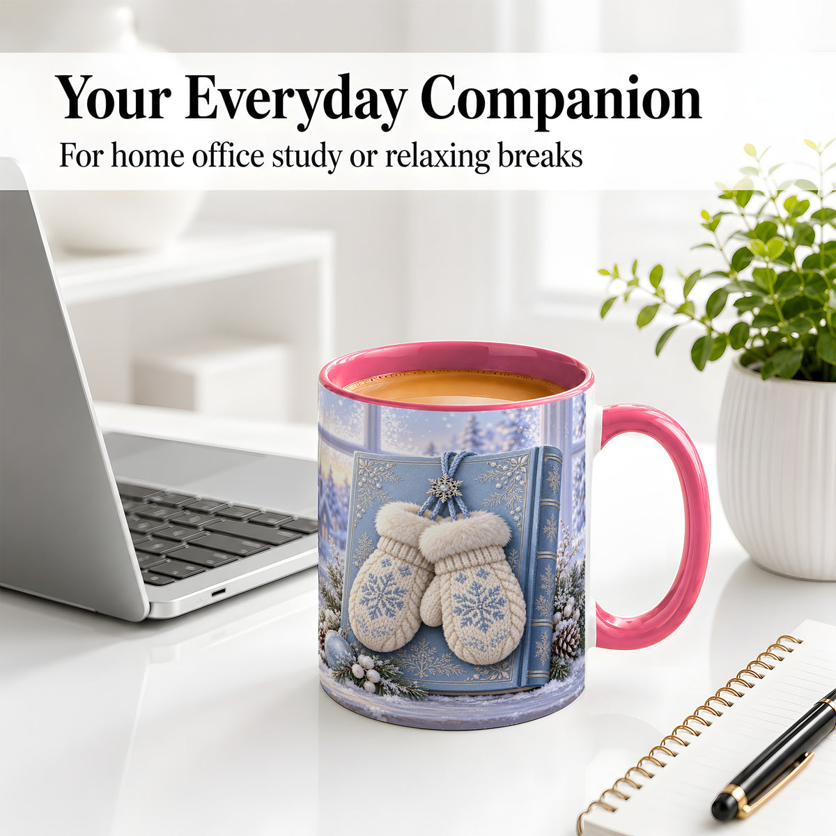 #pl[11oz|Pink] Winter Snowflake Mittens Accent Ceramic Mug, Blue Book Scene