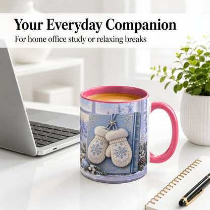 #pl[11oz|Pink] Winter Snowflake Mittens Accent Ceramic Mug, Blue Book Scene