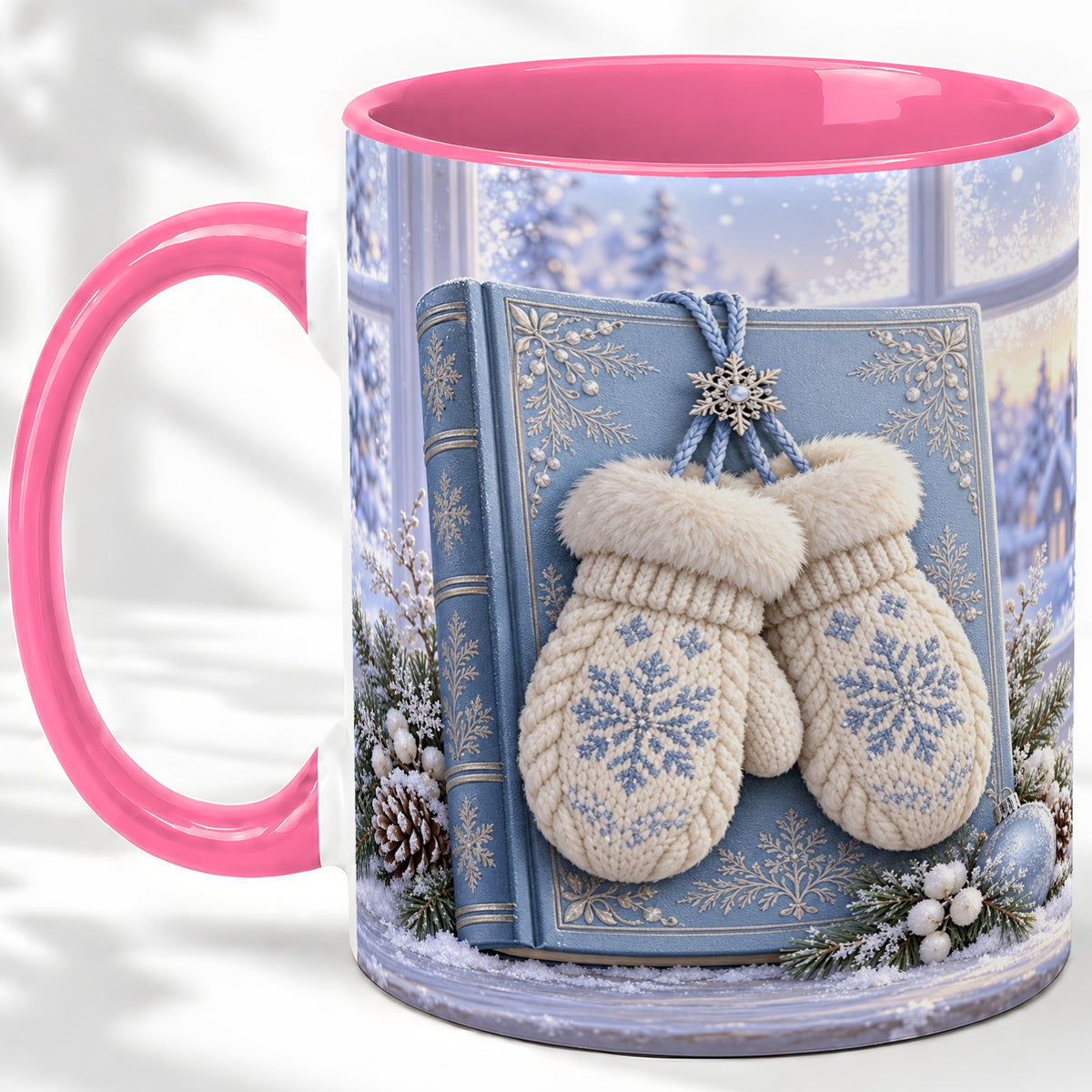 #pl[11oz|Pink] Winter Snowflake Mittens Accent Ceramic Mug, Blue Book Scene