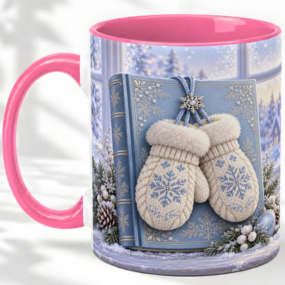 #pl[11oz|Pink] Winter Snowflake Mittens Accent Ceramic Mug, Blue Book Scene