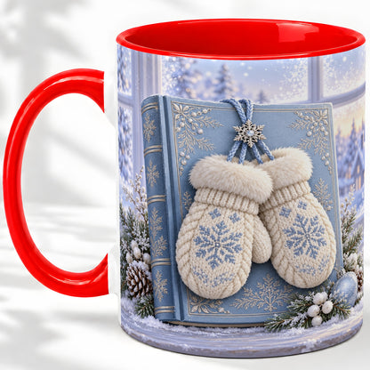 Winter Snowflake Mittens Accent Ceramic Mug, Blue Book Scene