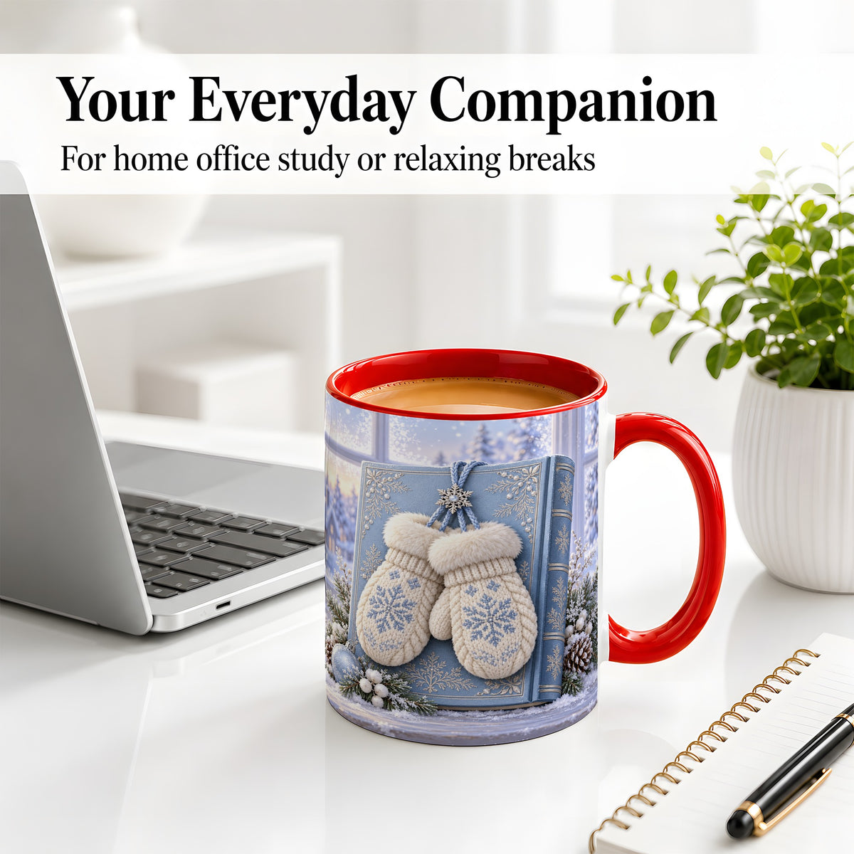 #pl[11oz|Red] Winter Snowflake Mittens Accent Ceramic Mug, Blue Book Scene