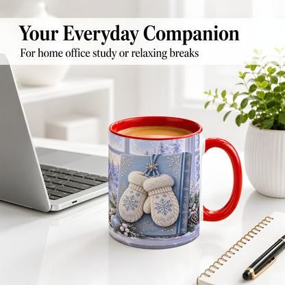 #pl[11oz|Red] Winter Snowflake Mittens Accent Ceramic Mug, Blue Book Scene
