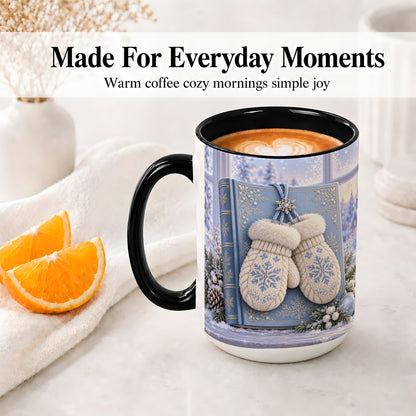 #pl[15oz|Black] Winter Snowflake Mittens Accent Ceramic Mug, Blue Book Scene