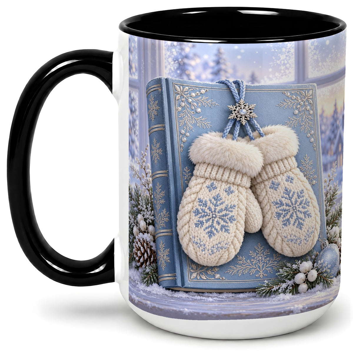 #pl[15oz|Black] Winter Snowflake Mittens Accent Ceramic Mug, Blue Book Scene