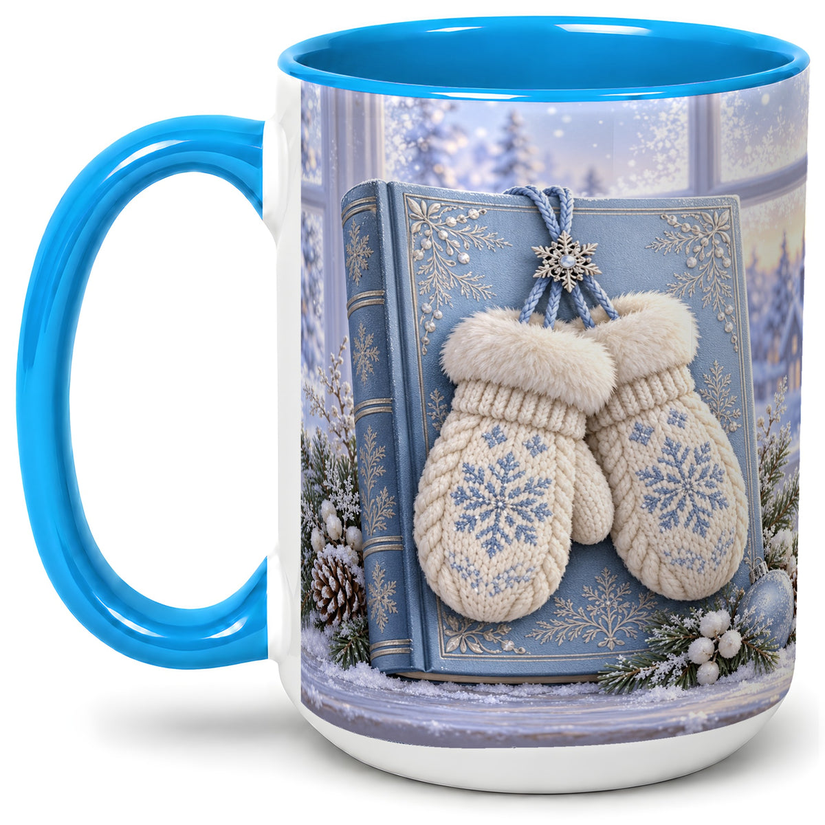 #pl[15oz|Blue] Winter Snowflake Mittens Accent Ceramic Mug, Blue Book Scene