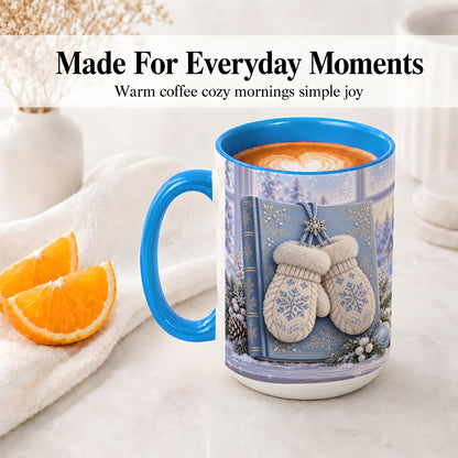 #pl[15oz|Blue] Winter Snowflake Mittens Accent Ceramic Mug, Blue Book Scene
