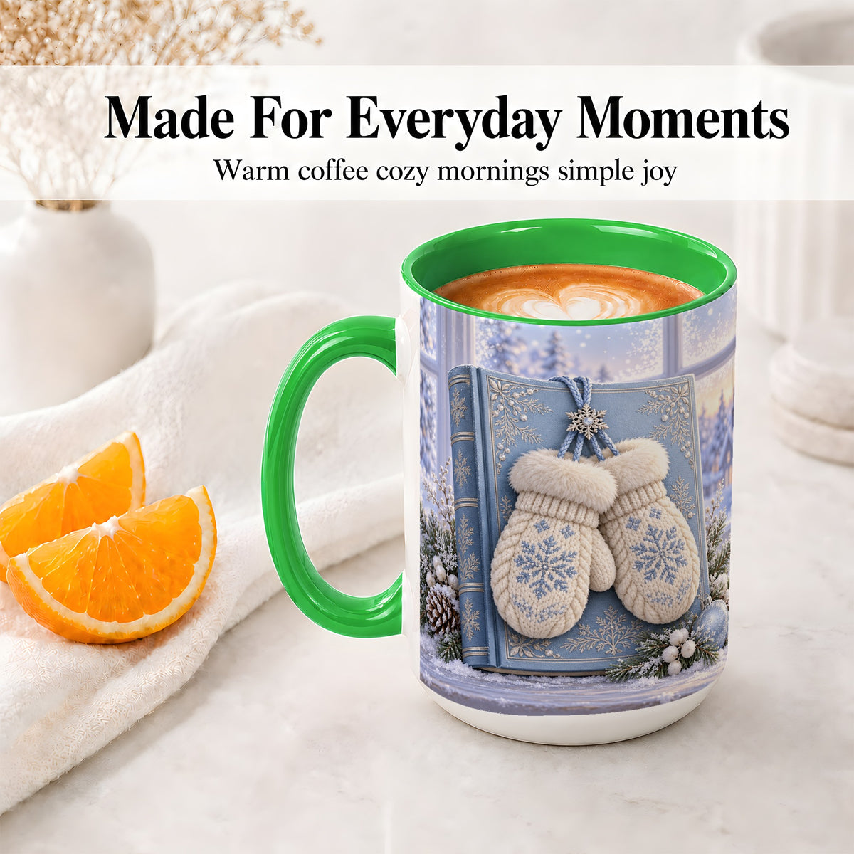 #pl[15oz|Green] Winter Snowflake Mittens Accent Ceramic Mug, Blue Book Scene