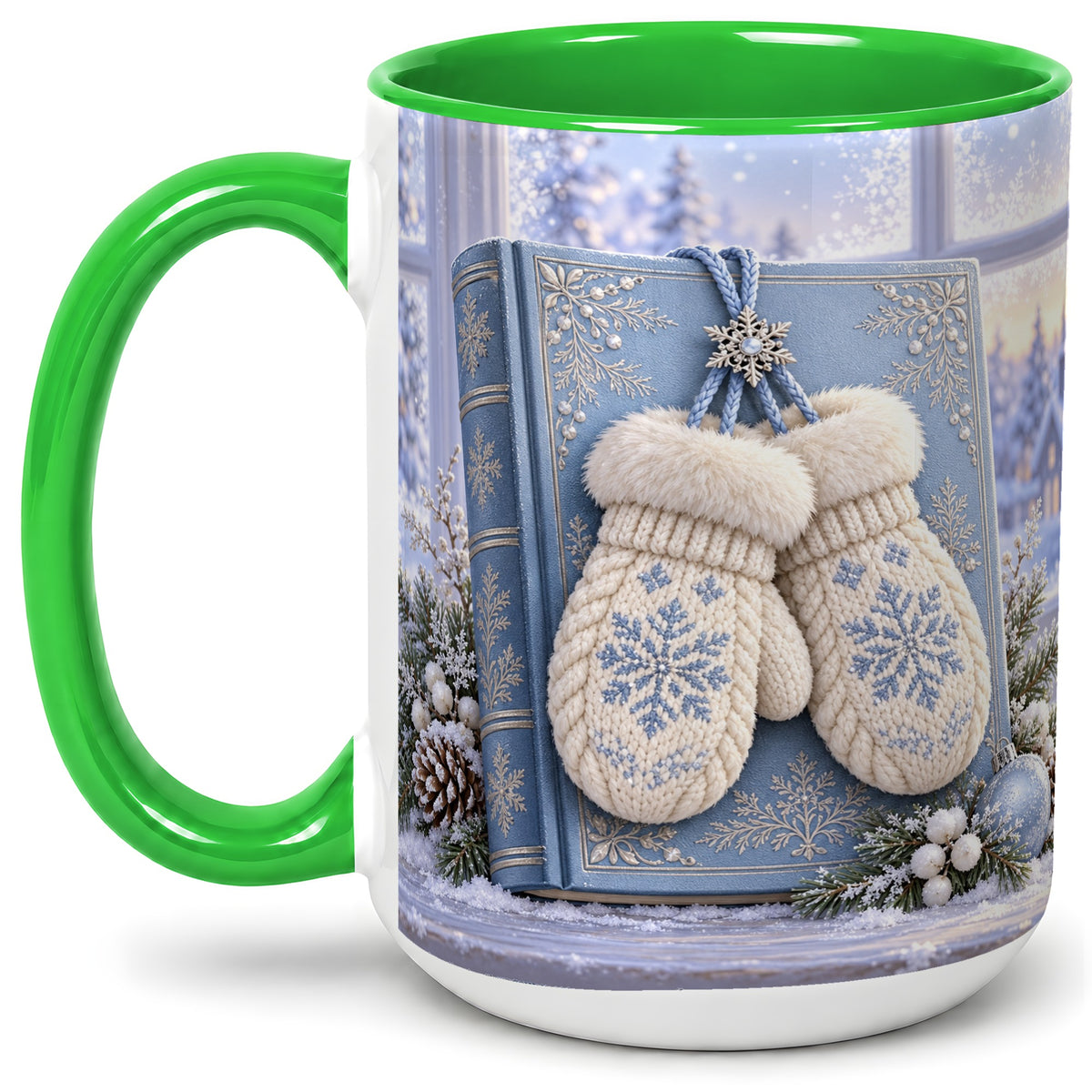 #pl[15oz|Green] Winter Snowflake Mittens Accent Ceramic Mug, Blue Book Scene