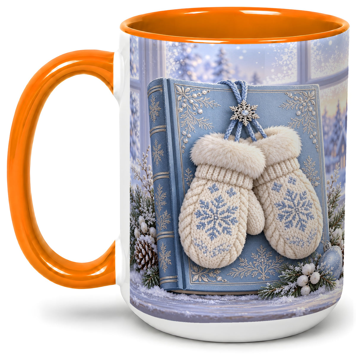 #pl[15oz|Orange] Winter Snowflake Mittens Accent Ceramic Mug, Blue Book Scene