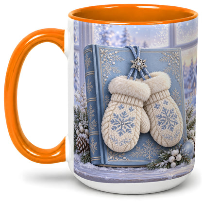 #pl[15oz|Orange] Winter Snowflake Mittens Accent Ceramic Mug, Blue Book Scene