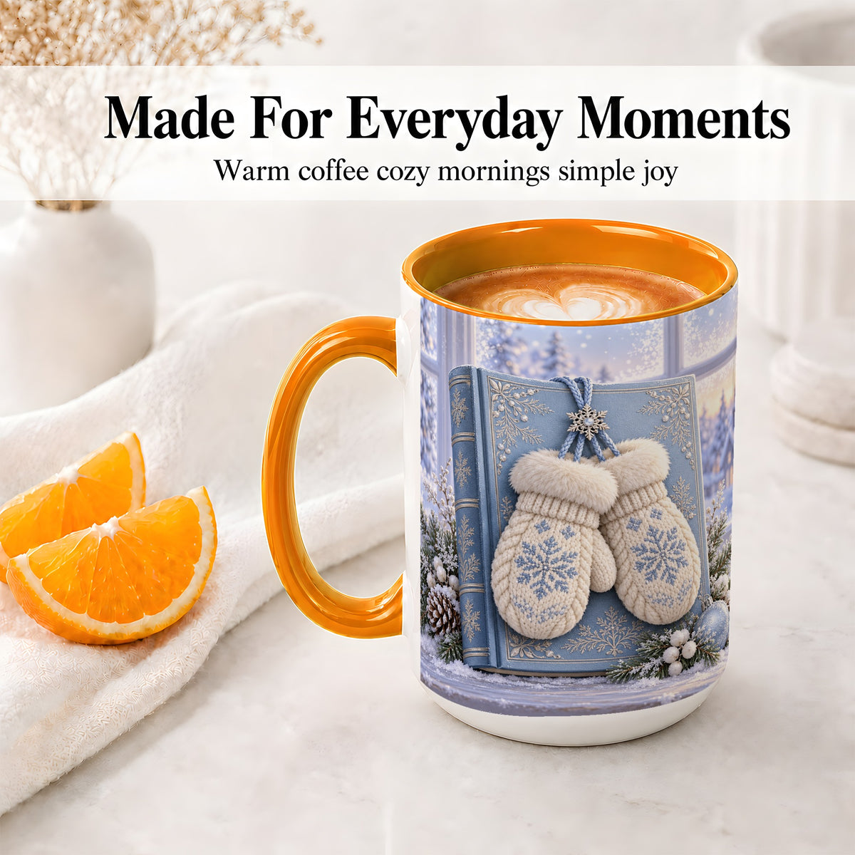 #pl[15oz|Orange] Winter Snowflake Mittens Accent Ceramic Mug, Blue Book Scene