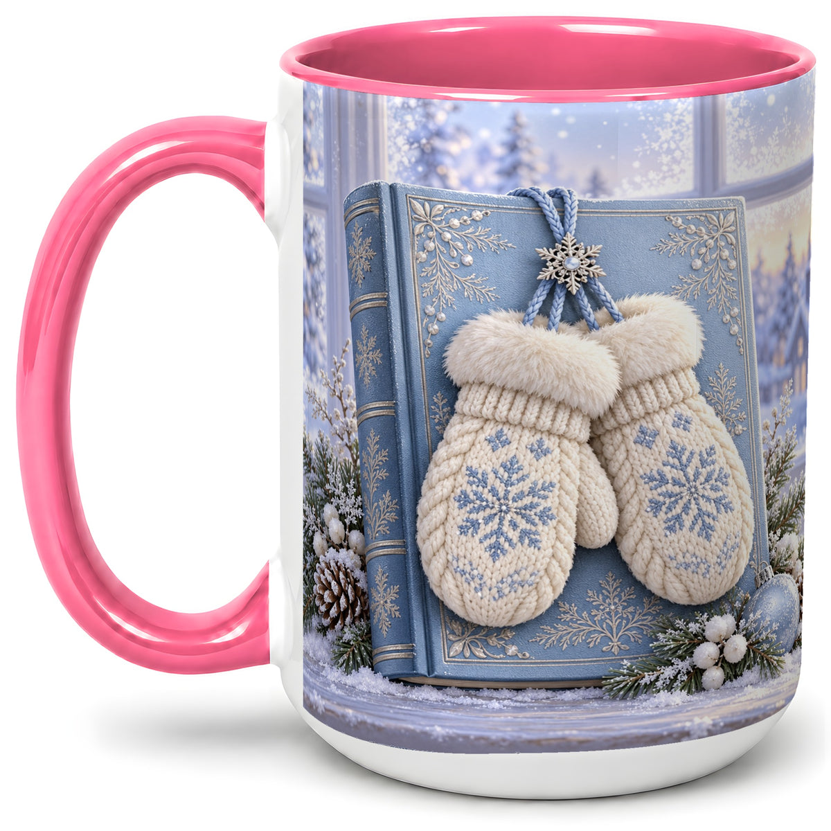#pl[15oz|Pink] Winter Snowflake Mittens Accent Ceramic Mug, Blue Book Scene