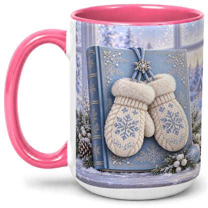 #pl[15oz|Pink] Winter Snowflake Mittens Accent Ceramic Mug, Blue Book Scene
