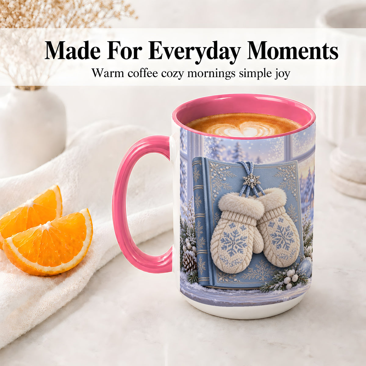 #pl[15oz|Pink] Winter Snowflake Mittens Accent Ceramic Mug, Blue Book Scene
