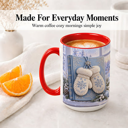 #pl[15oz|Red] Winter Snowflake Mittens Accent Ceramic Mug, Blue Book Scene