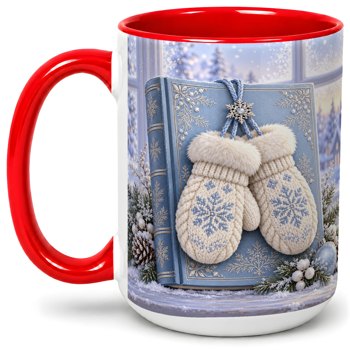 #pl[15oz|Red] Winter Snowflake Mittens Accent Ceramic Mug, Blue Book Scene