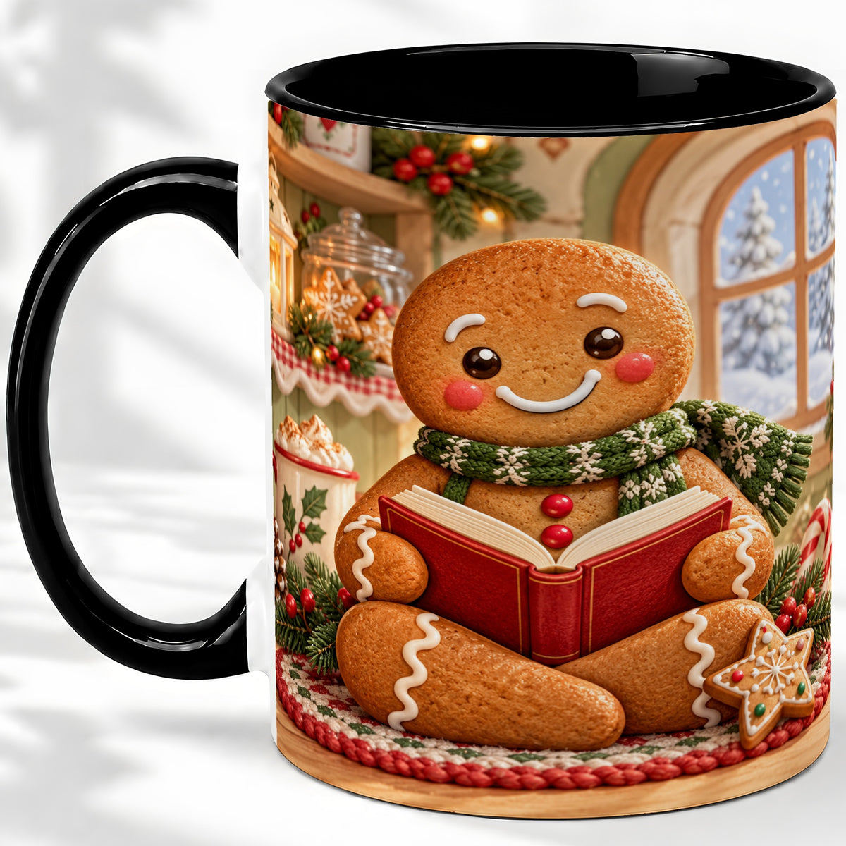 #pl[11oz|Black] Gingerbread Reading Christmas Accent Ceramic Mug, Cozy Winter Art