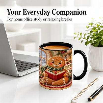#pl[11oz|Black] Gingerbread Reading Christmas Accent Ceramic Mug, Cozy Winter Art